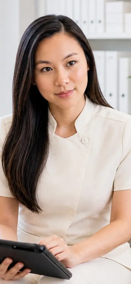 Dr. Yvonne Nguyen seated in consultation in a dermatology clinic